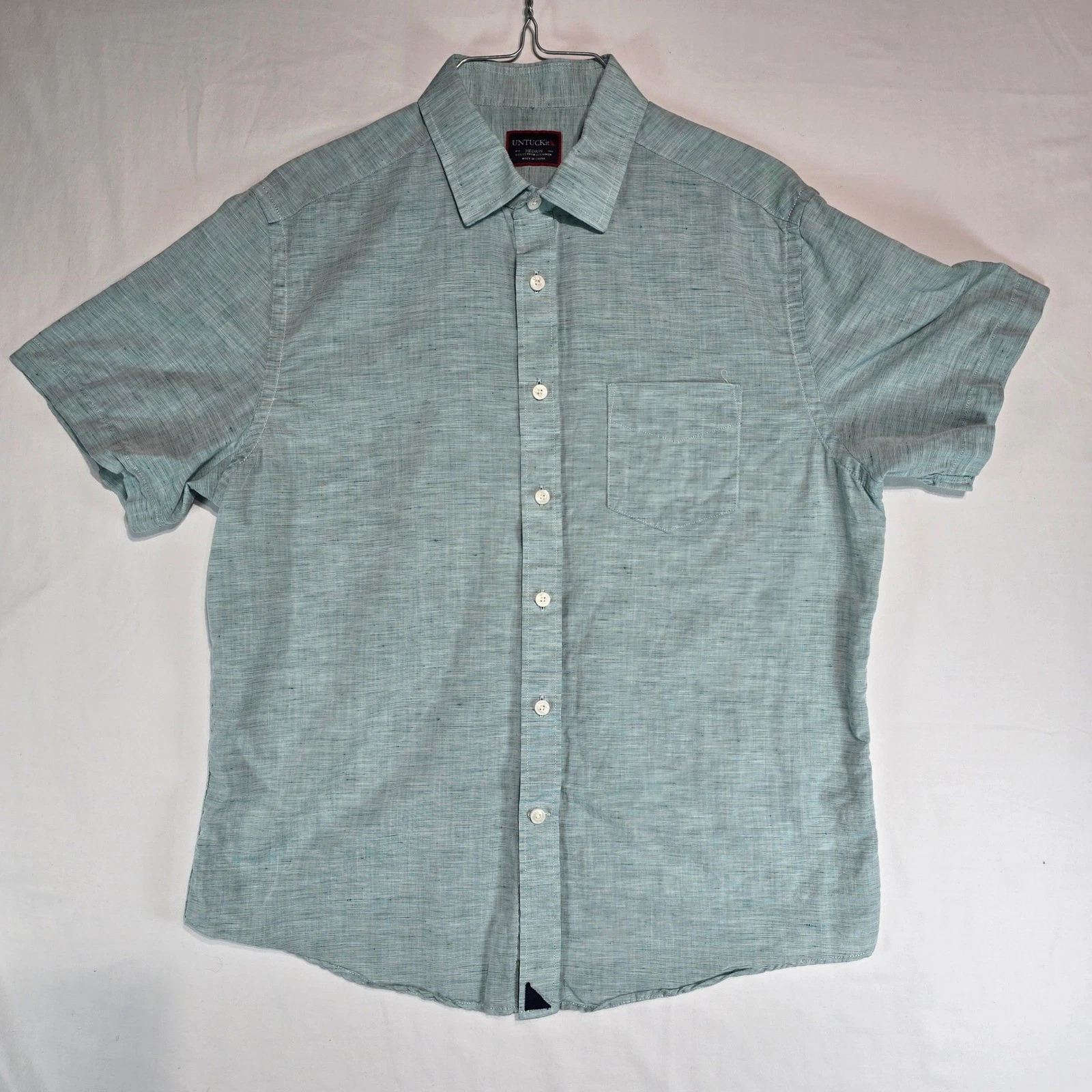 UNTUCKit Mens Medium Blue Cotton Linen Short Sleeve Button Down Shirt Slub Slub