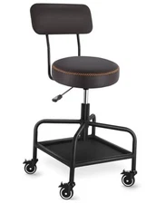 Shop Stool with Lockable Rubber Wheels Adjustable Backrest Tool Tray Coffee