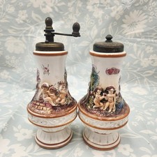 PAIR VINTAGE CAPODIMONTE SALT  PEPPER MILL GRINDER relief CHERUBS Italy