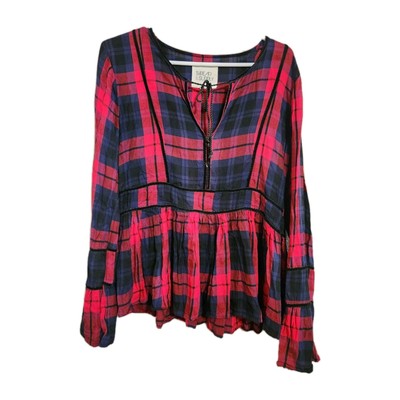 Thread & Supply Plaid Henley Peplum Top Womens Size Medium Vneck Long Sleeve