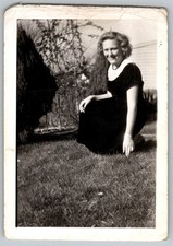 Vtg B&W Snapshot Smiling Woman Crouching On Lawn Black Velvet Dress 1940s