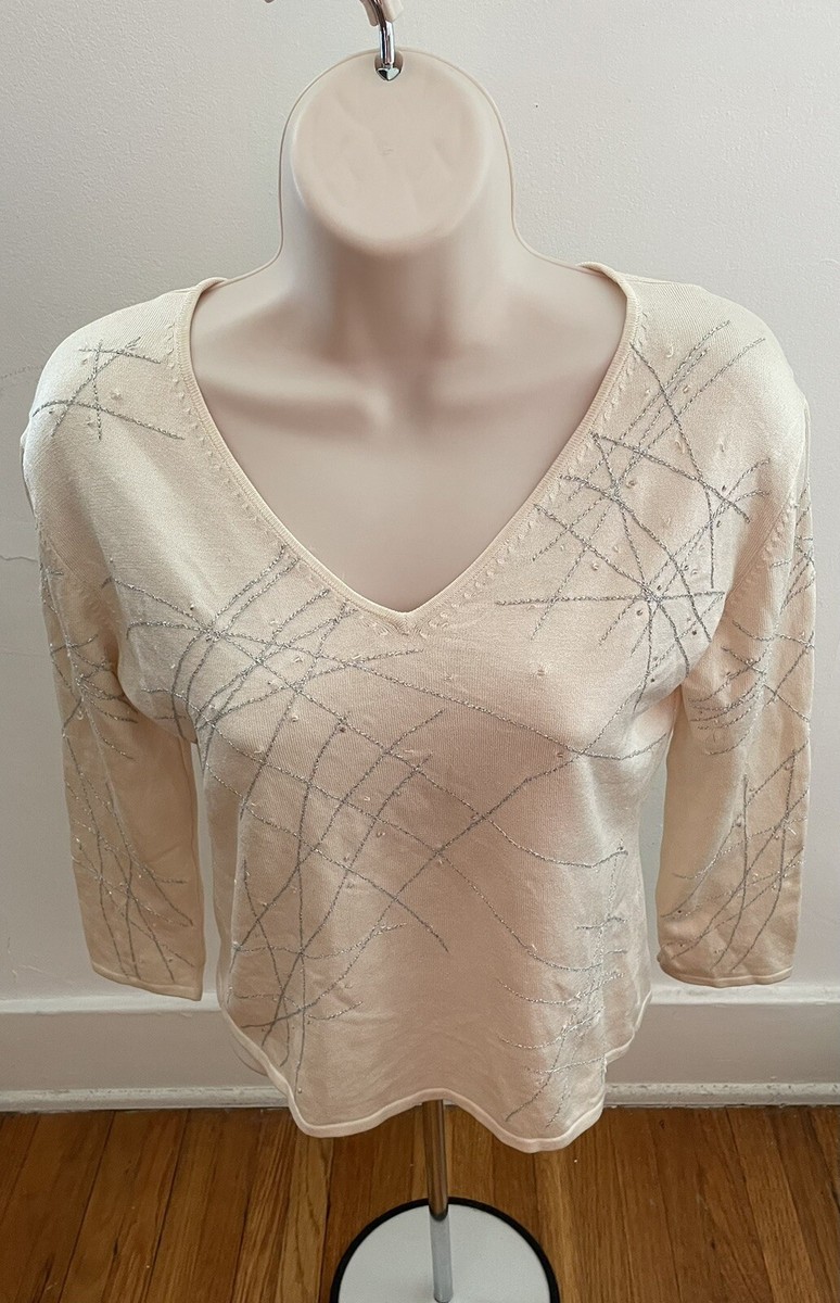 Beldini Womens Blouse Top Shirt Sz M Silk Blend Embroidery Beige