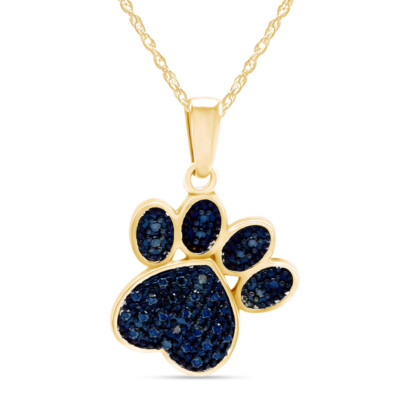 Blue Real Diamond Accent Paw Print Pendent 18'' Necklace 10K Yellow Gold Plated