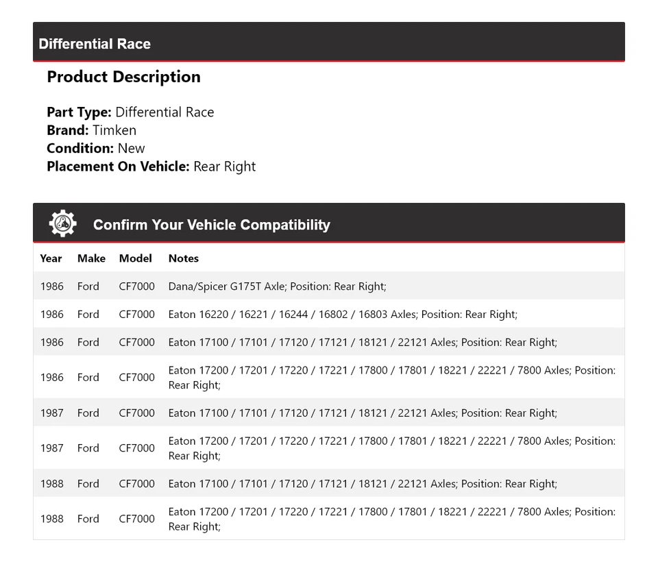 For 1986-1988 Ford CF7000 Differential Race Rear Right Timken 1987 - Image 2 of 4