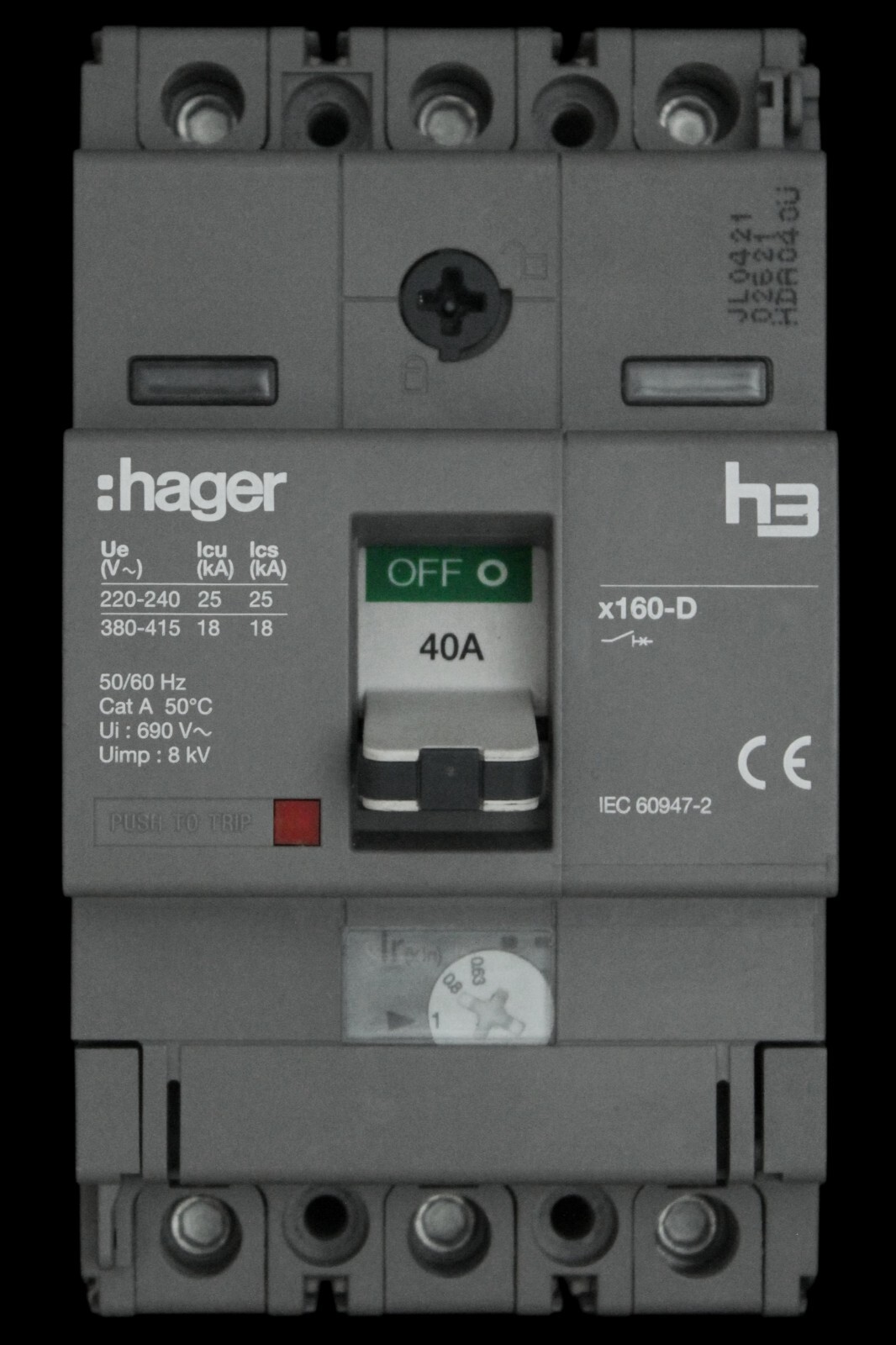 HAGER 40 AMP 18kA TRIPLE POLE MCCB HDA040U X160 313061