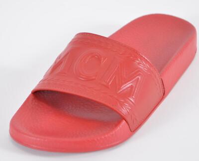 New MCM Women's Red Rubber Embossed Logo Pool Slides Sandals Shoes 36 