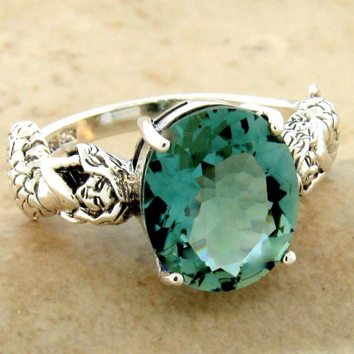 MERMAID RING VICTORIAN STYLE 925 STERLING SILVER SIMULATED EMERALD 956Z - Picture 2 of 4