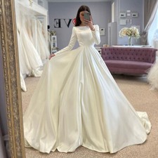 Satin Muslim Plus Size Wedding Dress O-Neck Full Sleeve A Line Bridal Gown Train