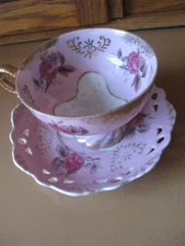 Plant Tuscan Footed Cup Saucer 75844 Hand Painted Pink Floral w/Gold 1936-1940's