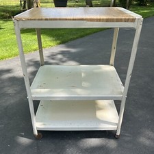 3 Shelf Metal Utility Cart Wood Wheels vintage three tier rolling serving white
