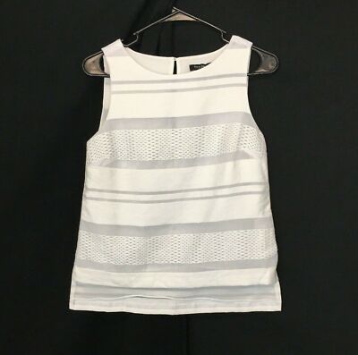 White House Black Market Top XS White Texture Stripe High Low Tunic Keyhole Cute