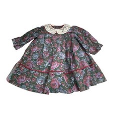 Vintage Girls Floral Dress With Lace Crochet Collar Button Back Multicolor