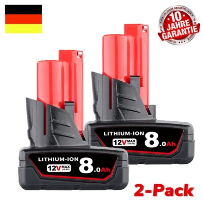 MARKENLOS 2x Für Milwaukee M12B4 Akku 12 Volt 8,0Ah Lithium Ion Akku 12V Li-Ion 4932430065