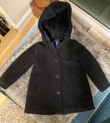 Girls Jacadi Paris Navy Blue Wool Peacoat  Coat Jacket Fur Hood Size 6 yrs old