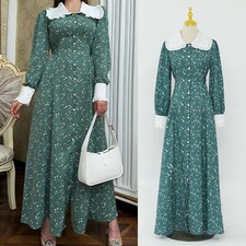 Elegant Women Floral Long Sleeve Maxi Dress Abaya Muslim Kaftan Evening Casual