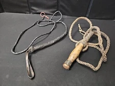 2 Vintage BROWN & BLACK BRAIDED LEATHER BULL WHIP 1 Wood Handle Western