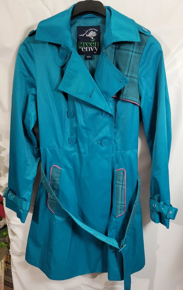 Trench impermeable verde con envidia para mujer de doble botonadura verde azulado con cinturón talla grande Foto 2 de 4