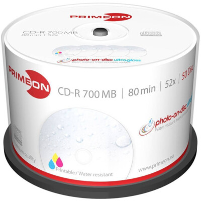 50 PRIMEON CD-R photo on disc ultragloss glossy full Printable 700Mb 80Min 52x.