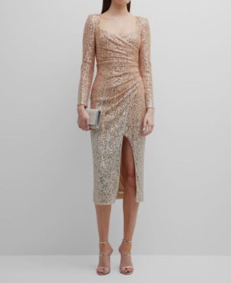 slim fit dress slacks A Touch Of Class Rose Gold Sequin Long Sleeve Bodycon Wrap Midi/Maxi Dress