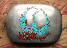 Vtg Hand Made Sterling Silver Turquoise Coral Inlay Firebird Belt Buckle