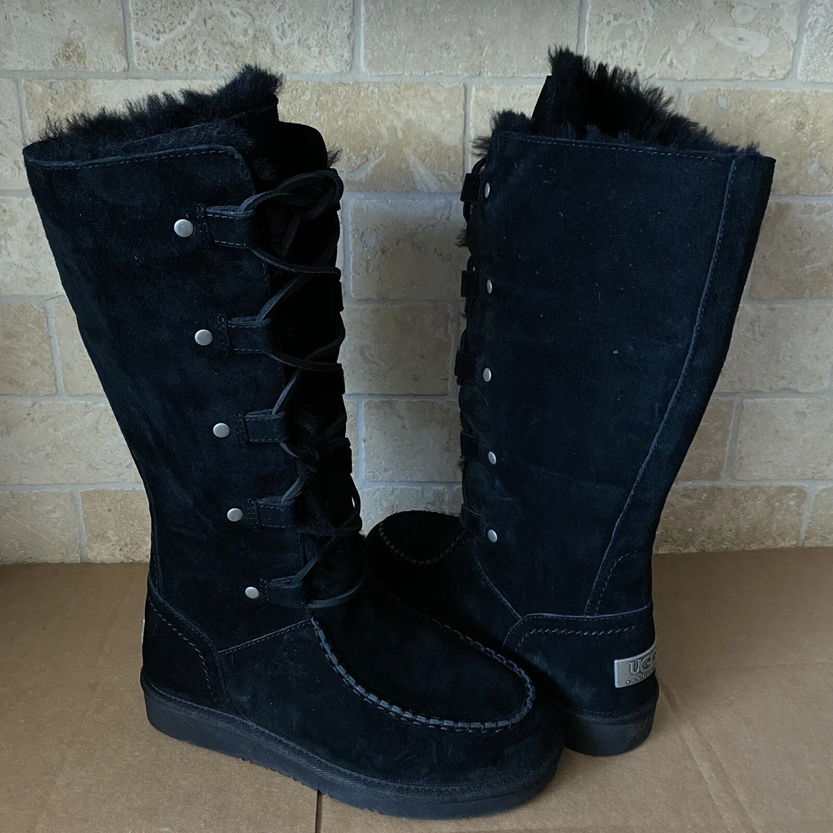 UGG APPALACHIAN LACE UP BLACK SUEDE SHEEPSKIN SUEDE TALL BOOTS SIZE US 7 WOMEN