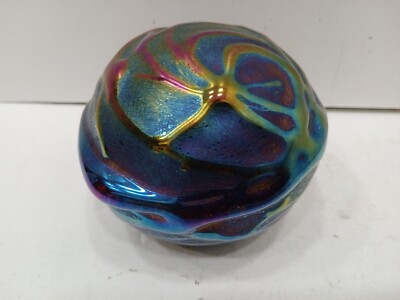 Vintage Glass Eye Studio Iridescent Art Glass Round Paperweight