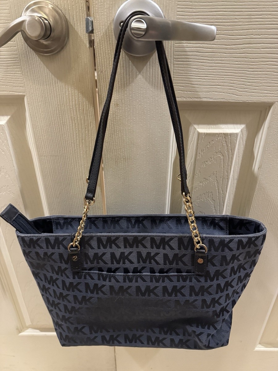 Michael Kors Large Signature Logo Navy Blue Canvas Tote Shoulder