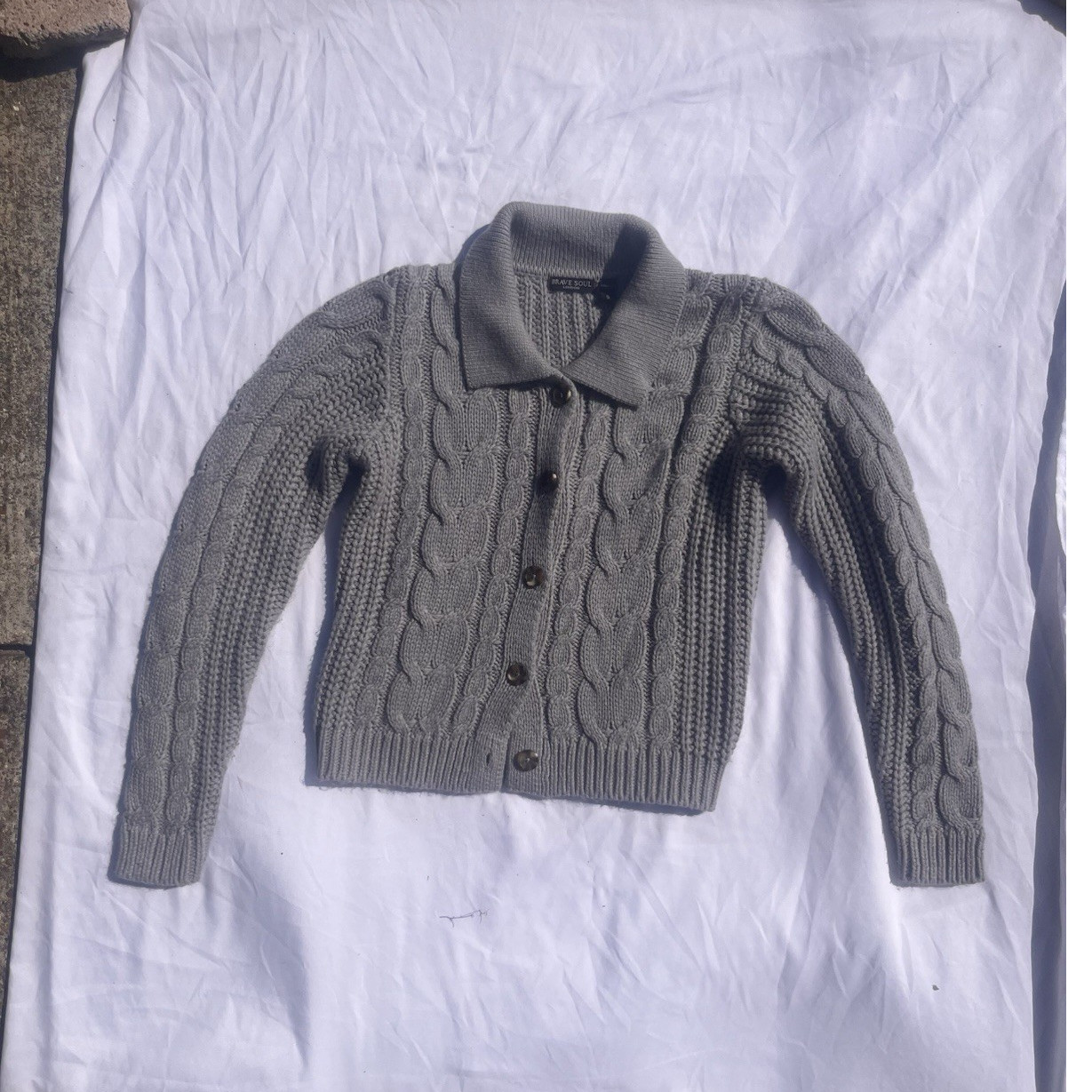 Brave Soul Gray Cable-Knit Collared Button-Front Cardigan Sweater Sz S