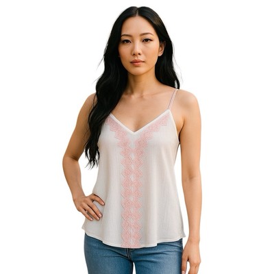 Alya White Pink Embroidered Sleeveless Crepe Beach Tank Top Blouse Size Small