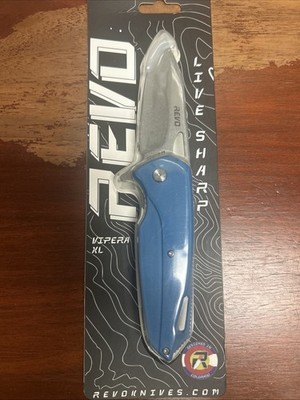 Revo Vipera XL Folding Knife 8Cr14MoV Clip Point Plain Edge w/ Blue G10 Handle