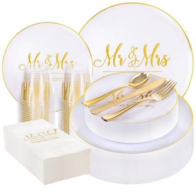 Mr & Mrs Wedding Plastic Plates Napkins Cups Gold Cutlery 25 Guests Set