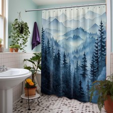 Shower Curtain Waterproof Fabric 70x84in Navy Blue Forest Mountain - Mens