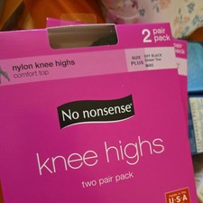 NO NONSENSE 2-Pair Nylon Knee Highs Sheer Toe Off Black Pantyhose M45 PLUS Size