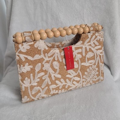 Kelly & Katie Tan White Cork Embroidered Ball Handle Embossed Satchel Handbag