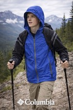 Columbia Jacket Youth 18/20 Lightweight Mesh Lining Blue Black Full Zip Hooded