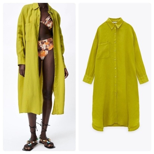 Zara Linen Lime Green Oversized Button Up Shirt Dress NWT Coverup Duster LARGE - Picture 2 of 6