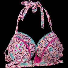 Shade Shore 34D Coral Geometric Print Halter Bikini Swim Top Tassel Accent