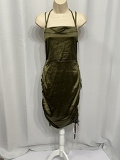 Misguided Women’s Olive Spaghetti Straps Scoop Neck Open Back Ruched Dress 8