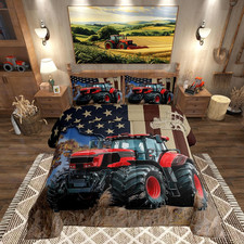 Farming Tractor Bed Comforter Set Queen Size,Rustic Farmhouse Style Red Truck Su