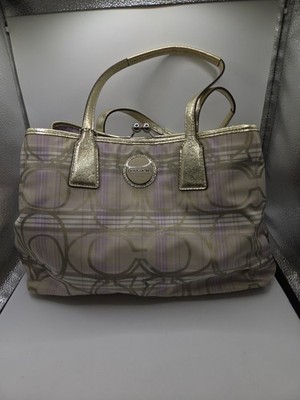 Coach F17213 Signature Plaid Kisslock Shoulder Bag Gold Purple Khaki