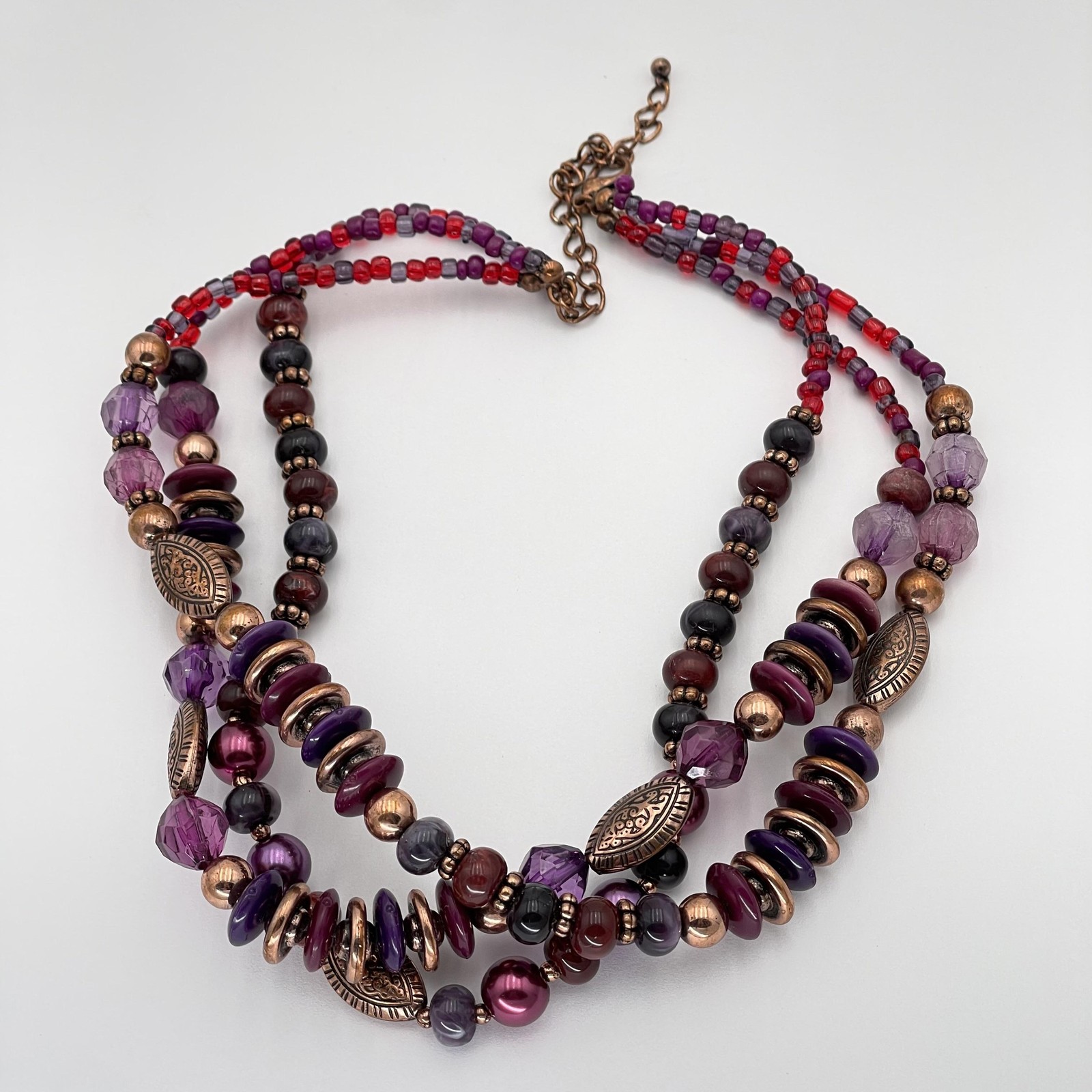 Purple Red Beaded Multistrand Statement Necklace … - image 1