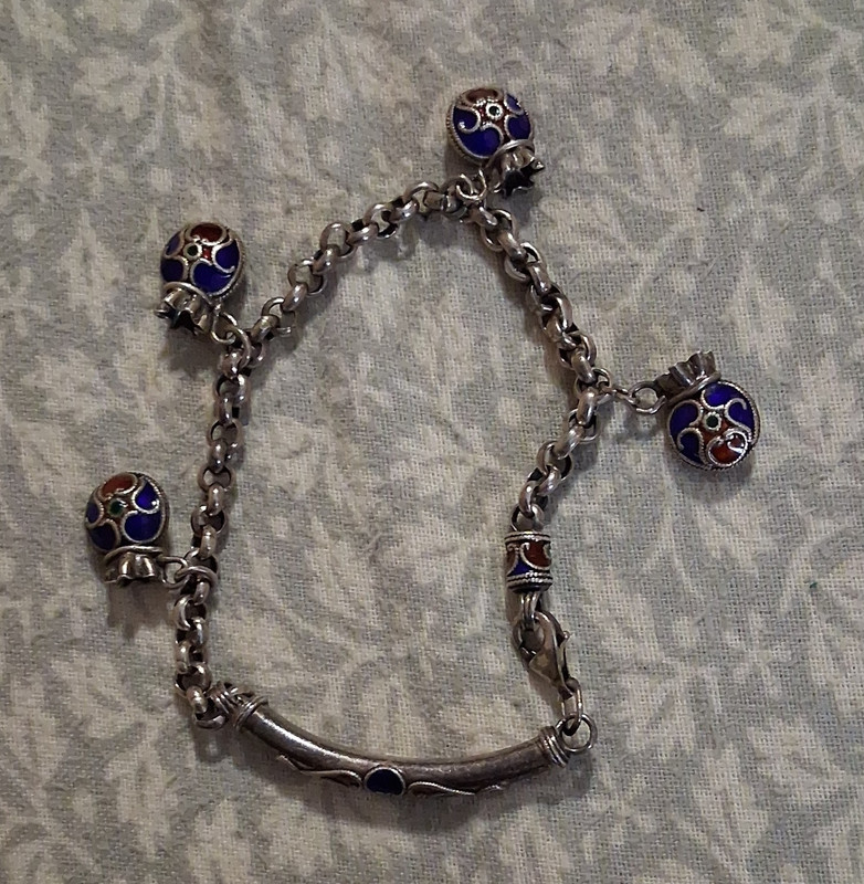 Sterling SILVER cloisonne enamel Anklet Good Luck Money Bags Handmade Chain Asia