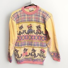 Vintage 1980s Jet Set Pastel Cat Sweater Plaid Pattern Kids Large 14