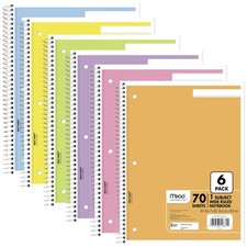 "6Pack Wide Ruled Spiral Notebooks, 70 Sheets Each, Assorted Pastel Colors"