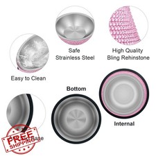 Pink Rhinestone Cat Dog Bowl Set Stainless Steel Food Water 2 Pack