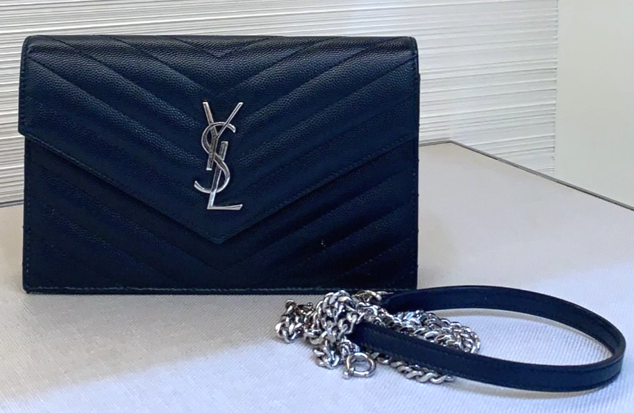 YSL Saint Laurent Calfskin Chain Shoulder bag Crossbody Women Black Silver