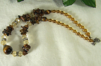 Tiger's Eye Stone Necklace Sphere Focal Two-strand Chips Rhinestone Rondelles