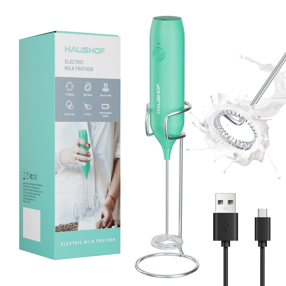 HAUSHOF Handheld Electric Milk Frother Coffee Foamer Whisk Wand with Stand Base