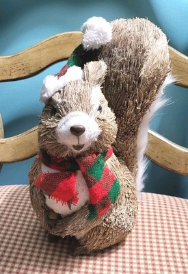 Pier 1 Straw Woodland Squirrel Christmas 10'' Santa Hat Scarf Holding Acorn!