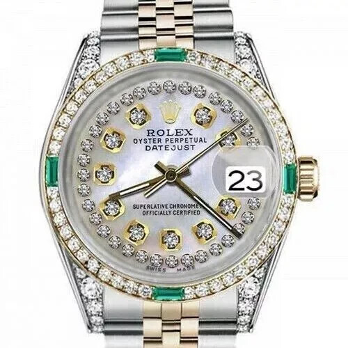 68273 Rolex Datejust 31 mm White Mother Of Pearl Dial Diamond & Emerald Watch
